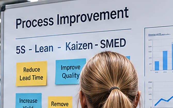 Process improvement board with lean improvement goals and production charts