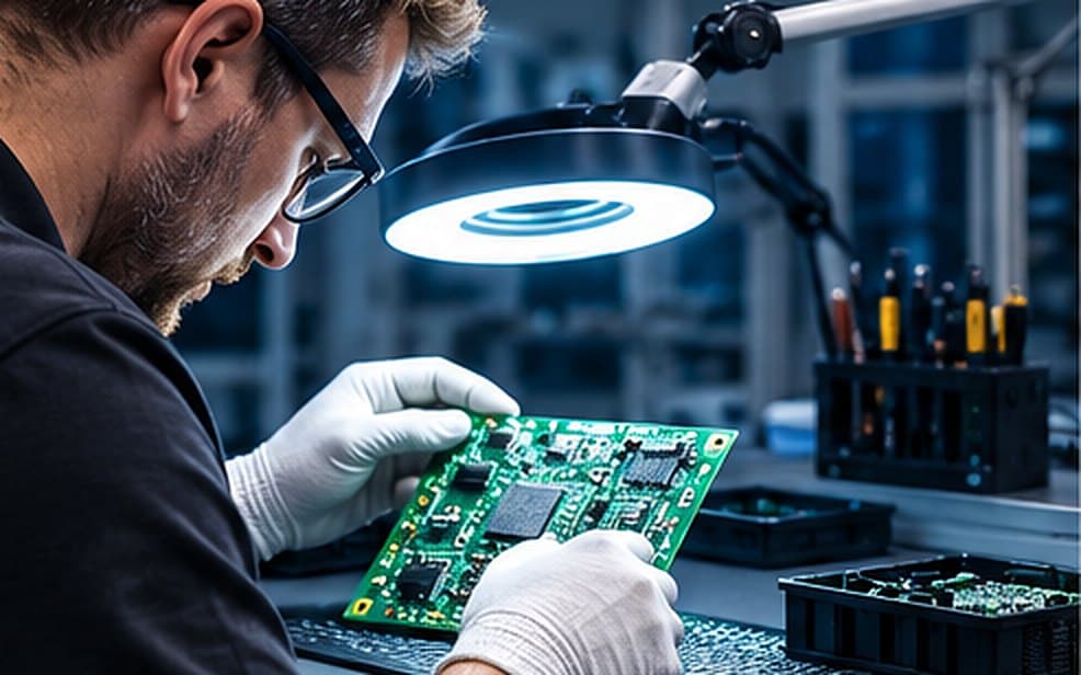 Engineer inspecting an assembled circuit board under a magnifier lamp